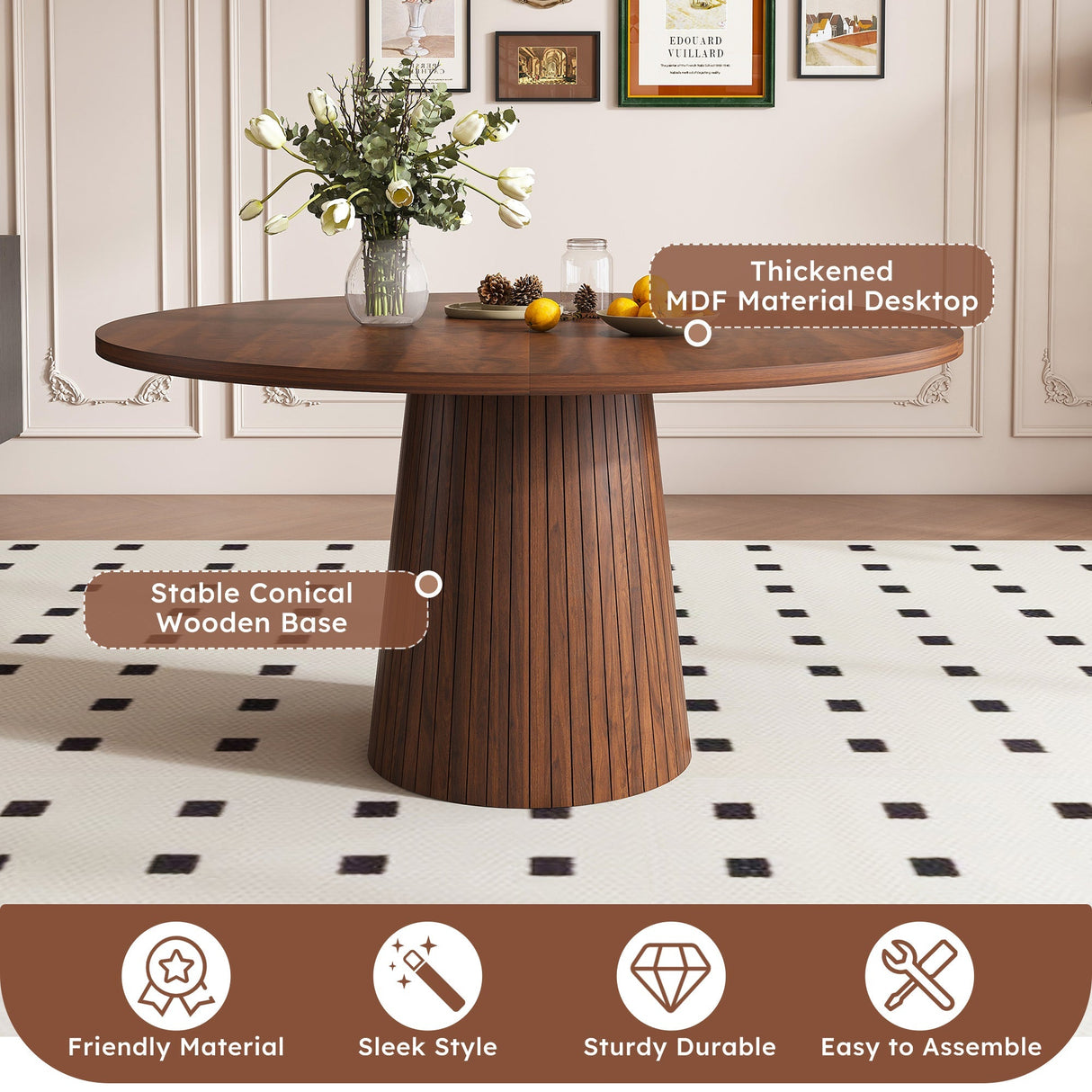 47 Inch Round MDF Dining Table for 4, Modern Farmhouse Style