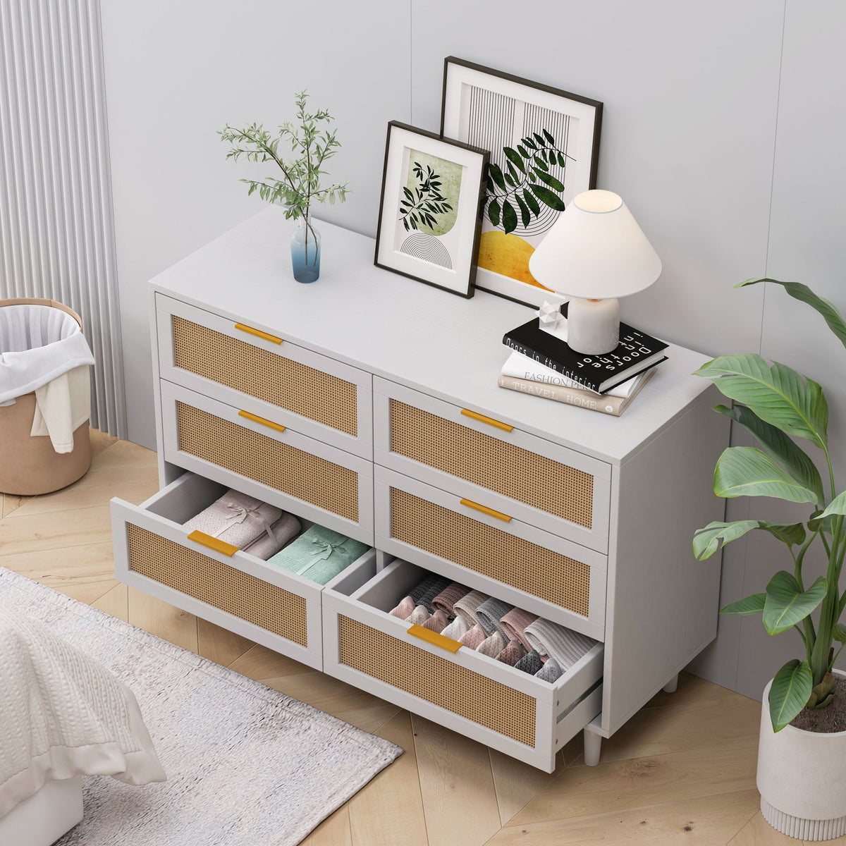 6 Drawer Storage Cabinet with Modern Rattan Drawers - Light Brown, Black, or White