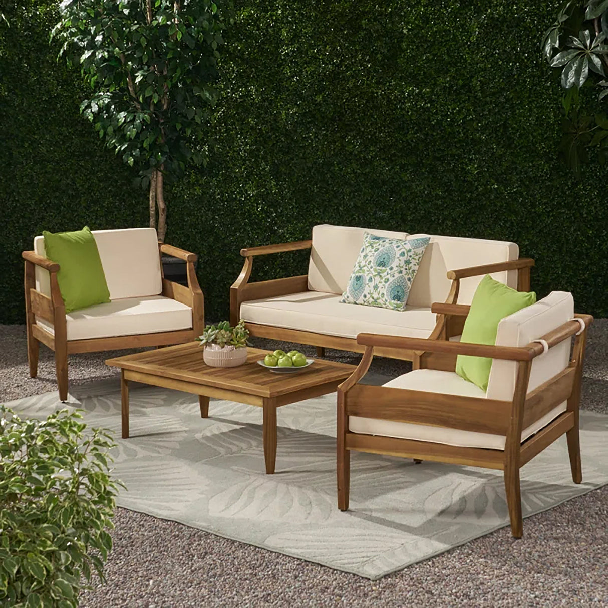 Alluvion Teak 4-Piece Wood Outdoor Patio Conversation Set with Cream Cushions