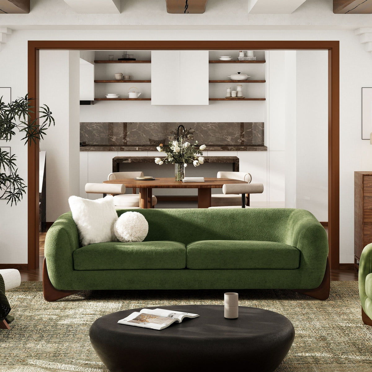 Alpine Luxurious Upholstery Sherpa Sofa with Removable Cushions - Available in White, Black, or Dark Green