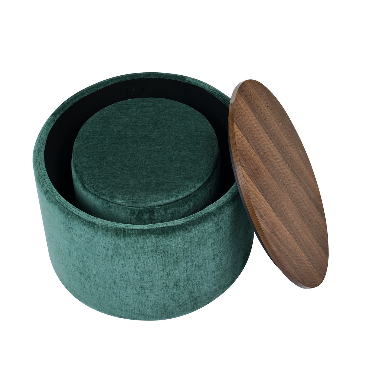 Classic Style 2-Piece Round Chenille Storage Ottoman Set with Drum Shaped Stool