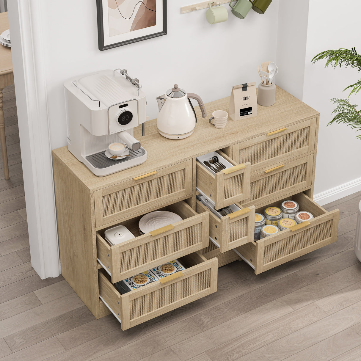 Natural Rattan Locker with 9 Drawers and Metal Handles