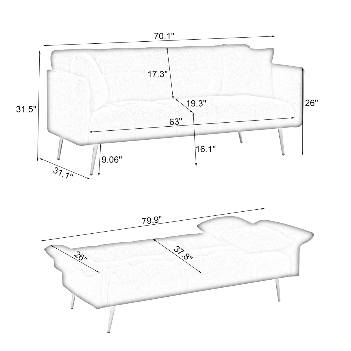 70-Inch Teddy Fleece Sofabed with Adjustable Arms and Backrest