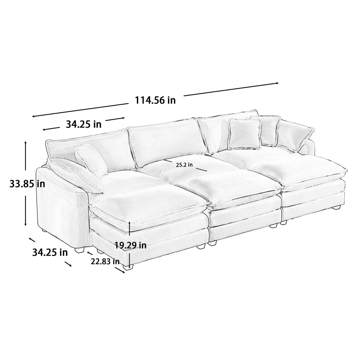 Modern Modular Cushion Sofa Set with Ottoman - Fabric, Multiple Colors