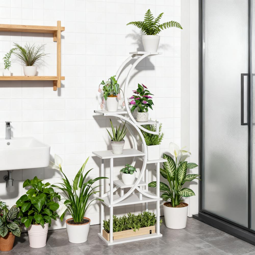 White S-Shaped Plant Stand, 8 Tier Plant Shelf