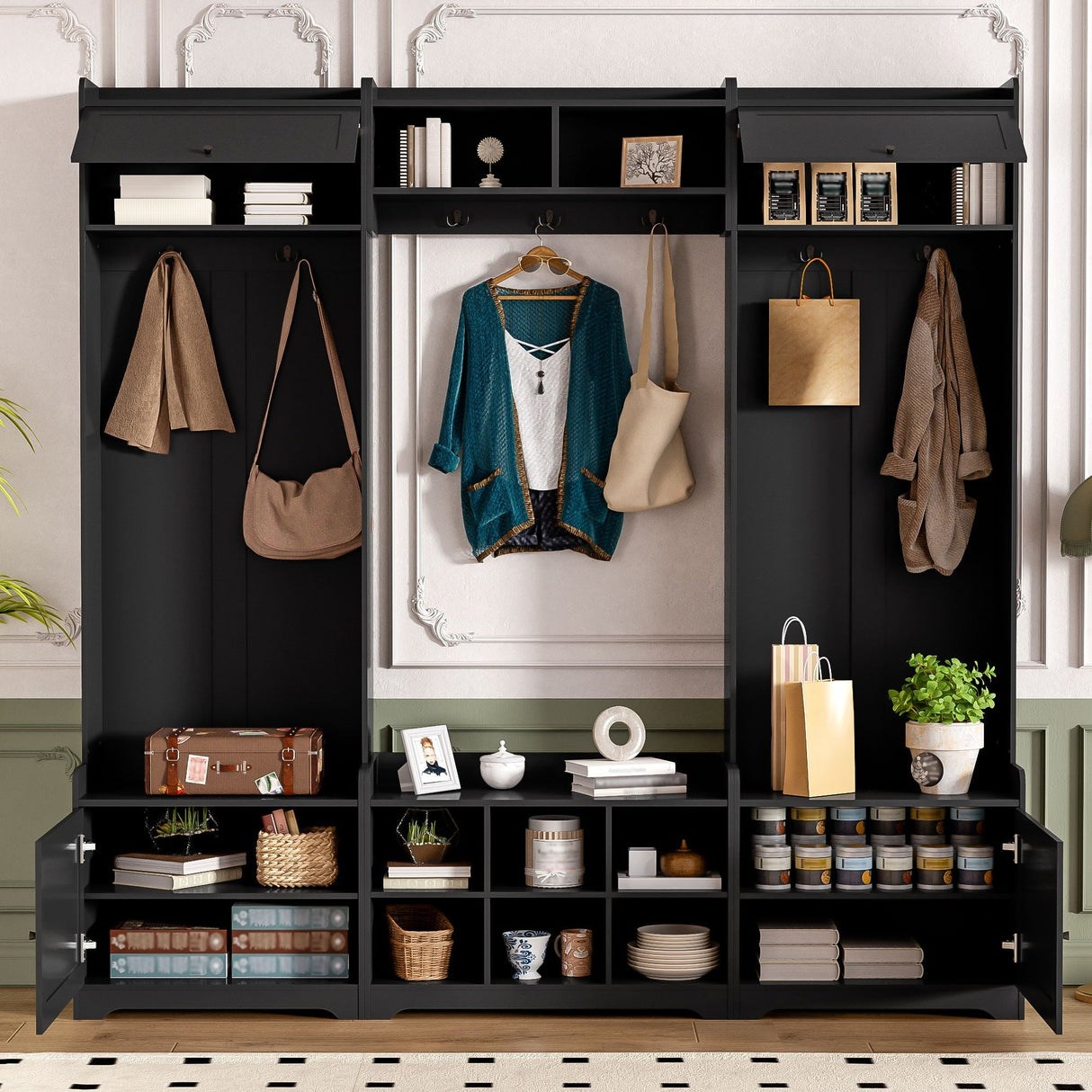 Wide Hall Tree With Shoe Storage, 4 In 1 Entryway Bench