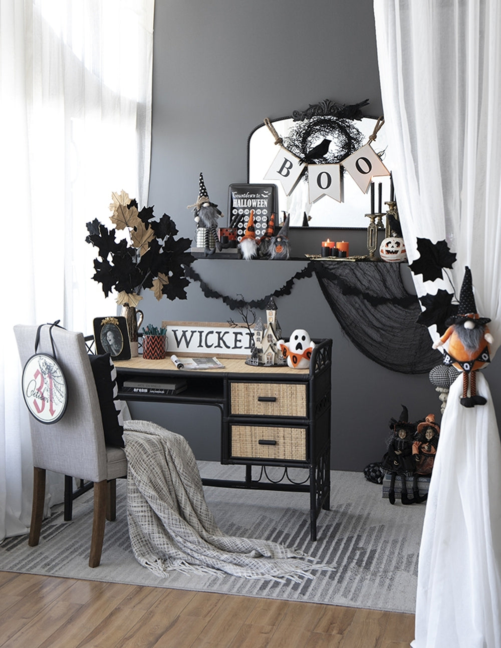Black Halloween Gnome – 25'' Fabric Decor with Broomstick & Dangly Legs