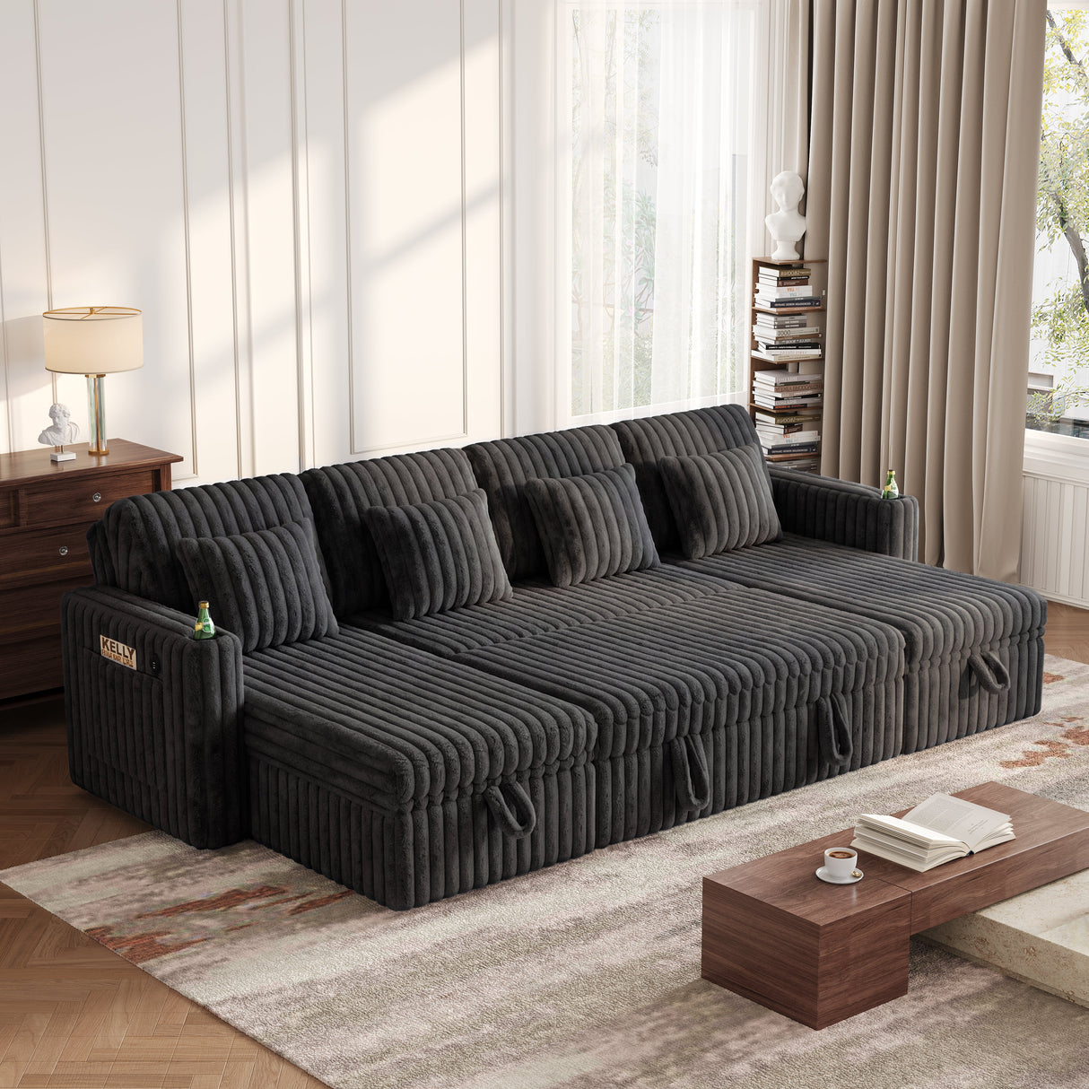 U Shaped Plush Corduroy Fluffy Sectional Sleeper Sofa