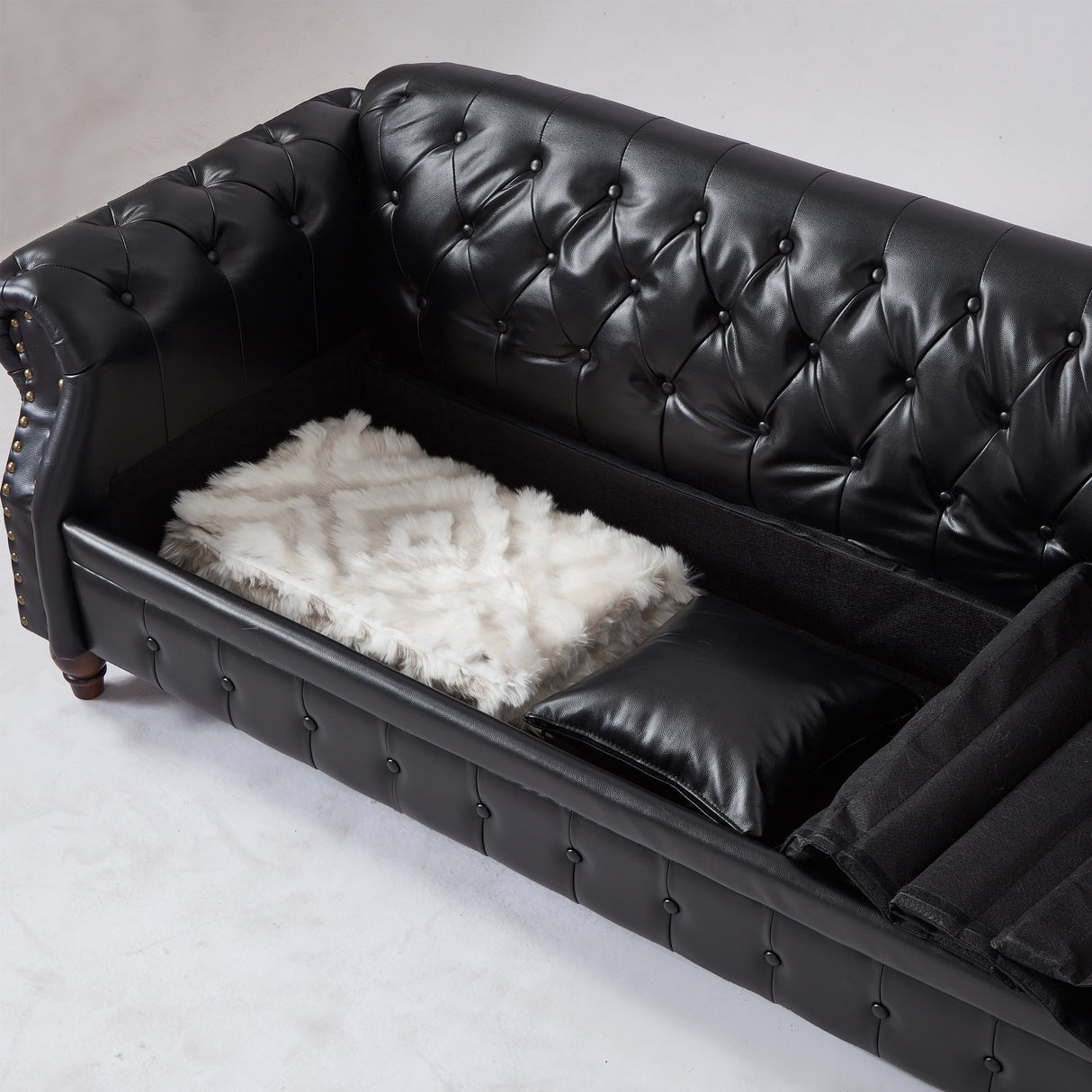 85.8' Living Room Chesterfield Sofa Classic Tufted Design Faux Leather PU Upholstered Sofa with Storage (Black)
