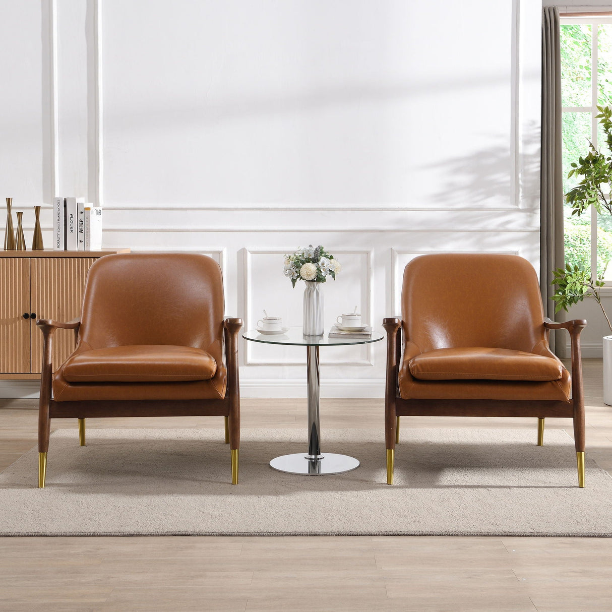Mid-Century Accent Chair With Cushioned Seat, Brass Tipped Legs