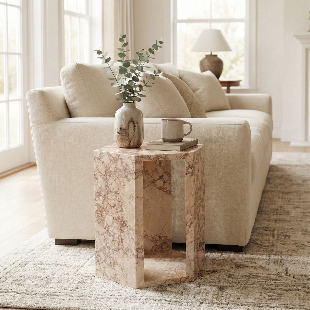 Modern Minimalist Hexagon Side Table with Honed Marble Finish - Gold, White, Pink, Dark Green, Dark Gray