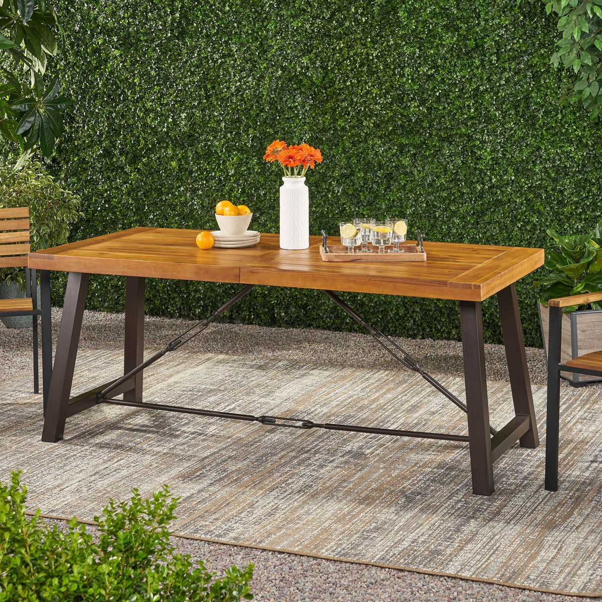 Outdoor Dining Table With Slat Wooden Panel And Turnbuckle Accents - Teak