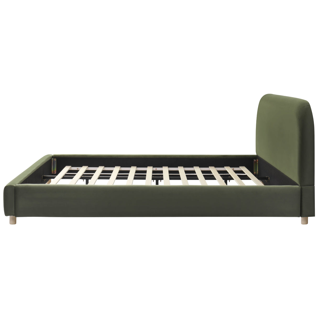 California King Size Upholstered Bed Frame With Velvet Fabric And Curve Design Thick Headboard, Solid Wood Legs, Olive