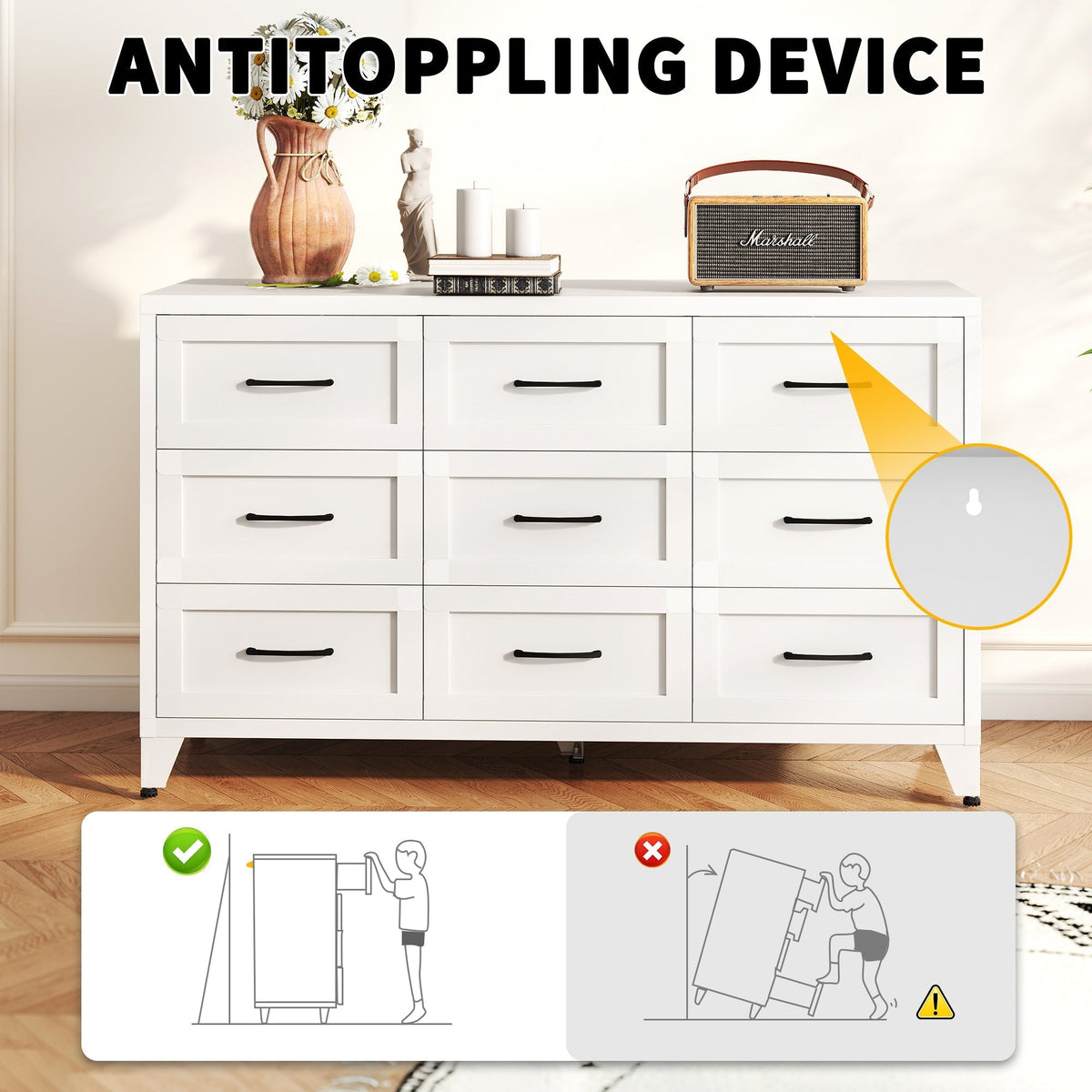 9 Drawer Dresser for Bedroom, Metal Profile Chest of Drawers, White Bedroom Dresser with Storage Drawers for Closet, Hallway, Entryway, Steel Furniture with Quiet-Glide Rails, Easy-Clean & Scratch