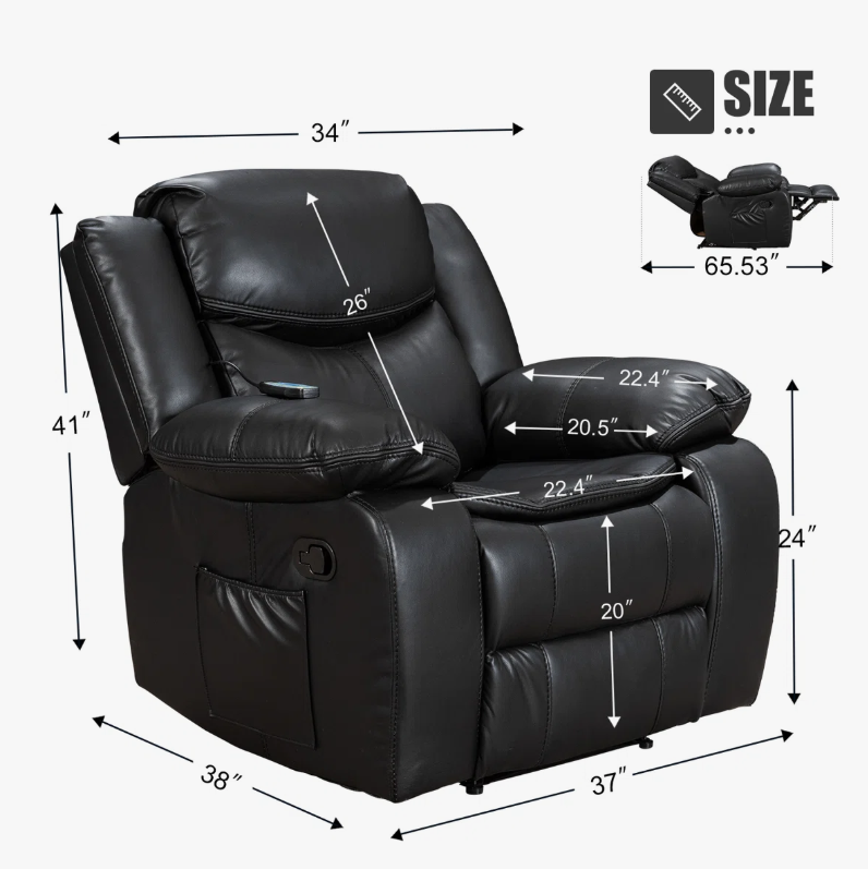 Black Air Leather Recliner Chair with Vibration and Heating - Black