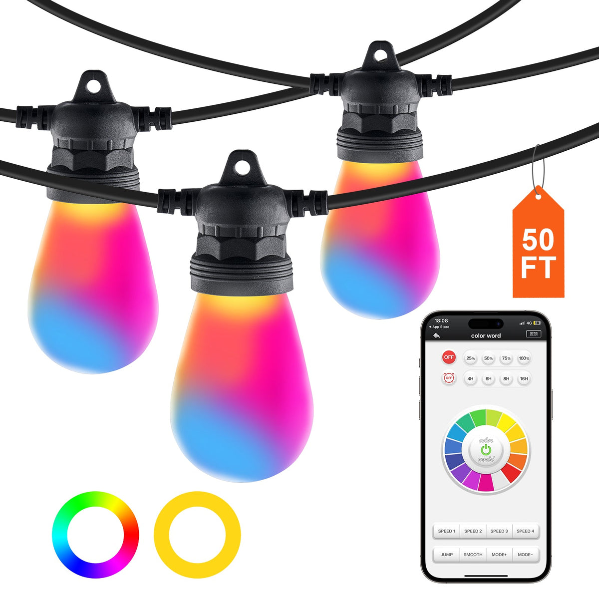RGB Outdoor String Lights, 50FT with APP Control