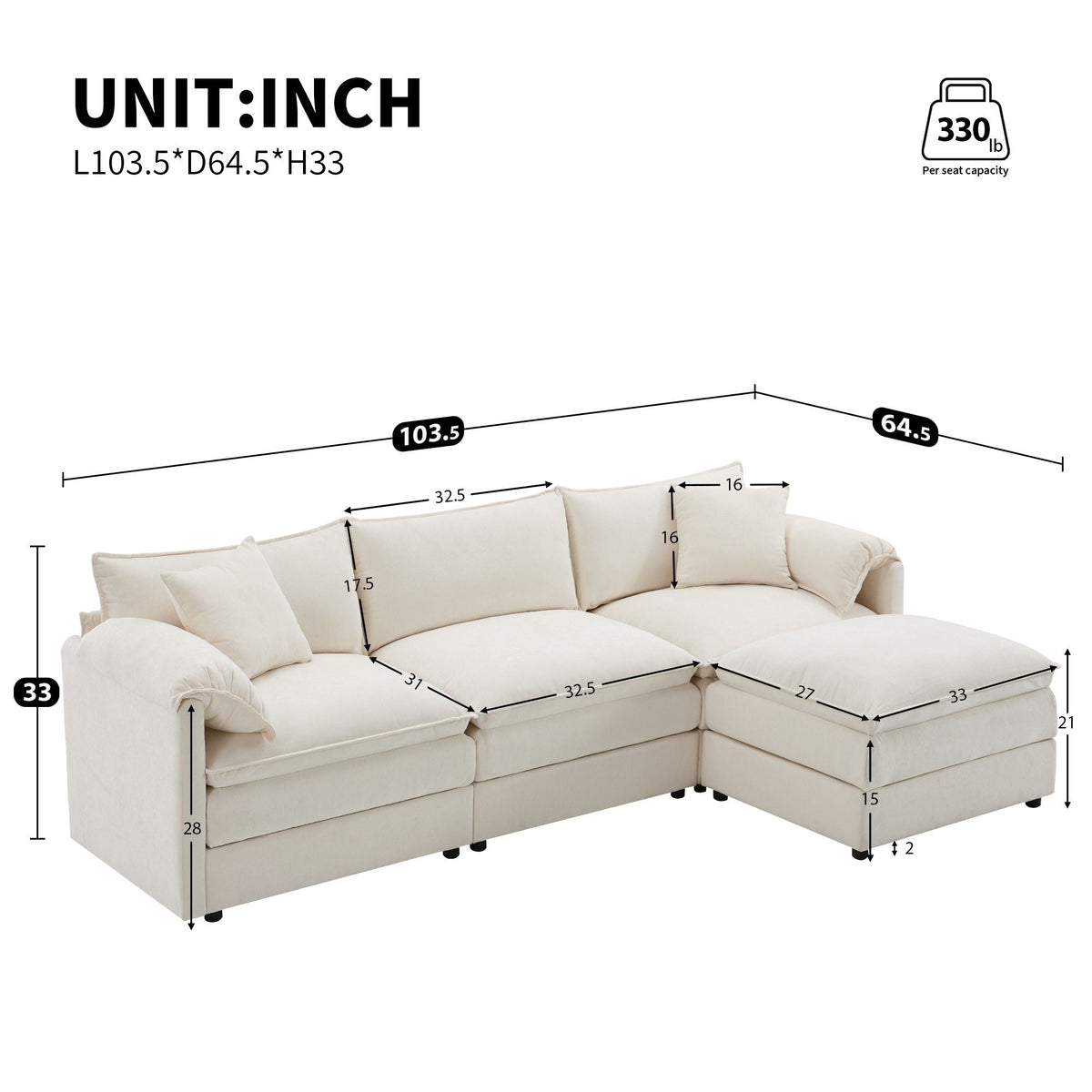 Modular Sectional With Deep And Wide Seat, Cloud Couch Set With Double Cushions Sofa With Movable Ottoman