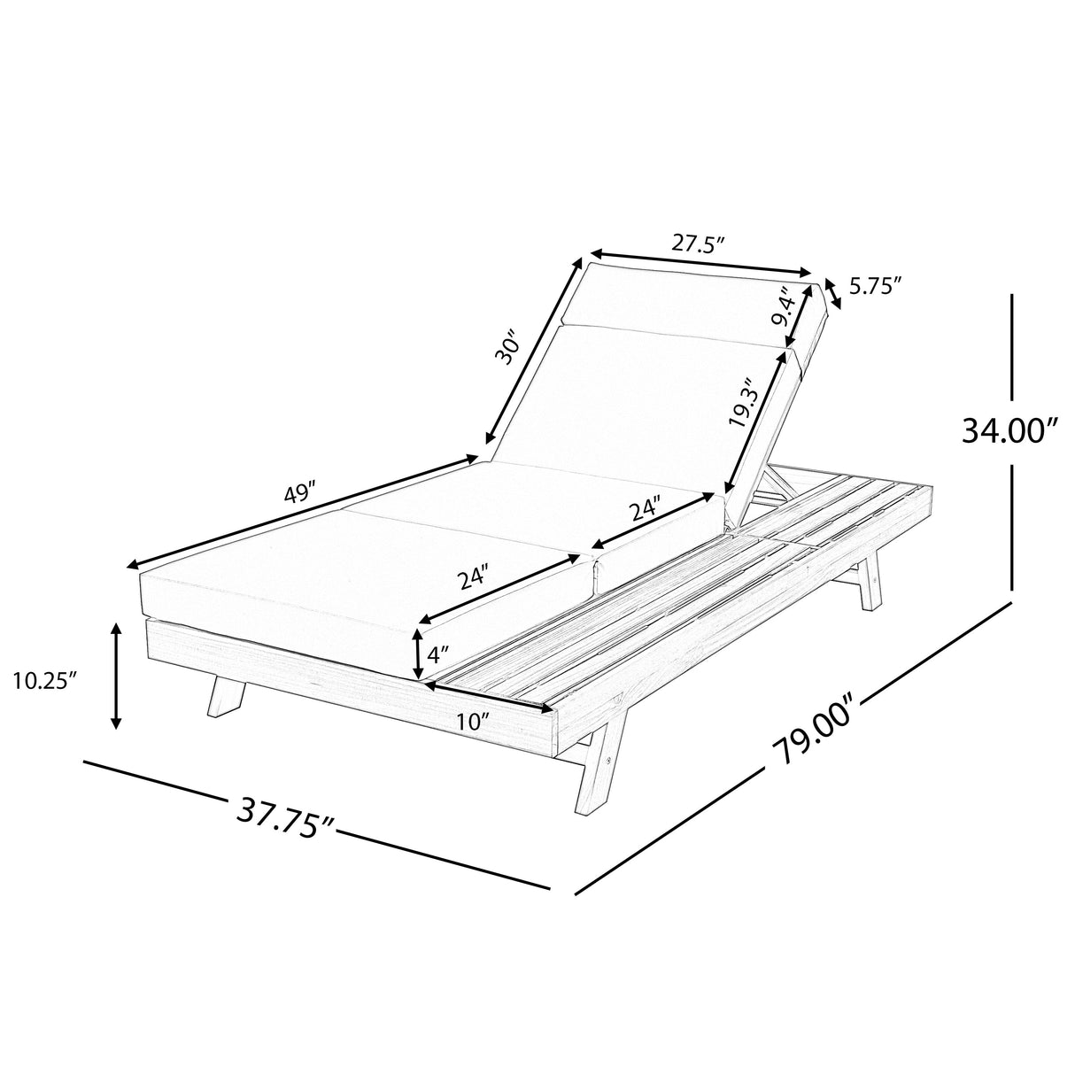 2/3 Foldable Acacia Wood Lounge Chair with Adjustable Backrest & Flat Storage Surface