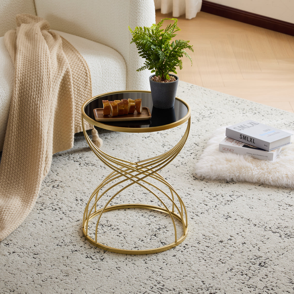 Modern Side Table with Golden Metal Frame and Black Mirror Top