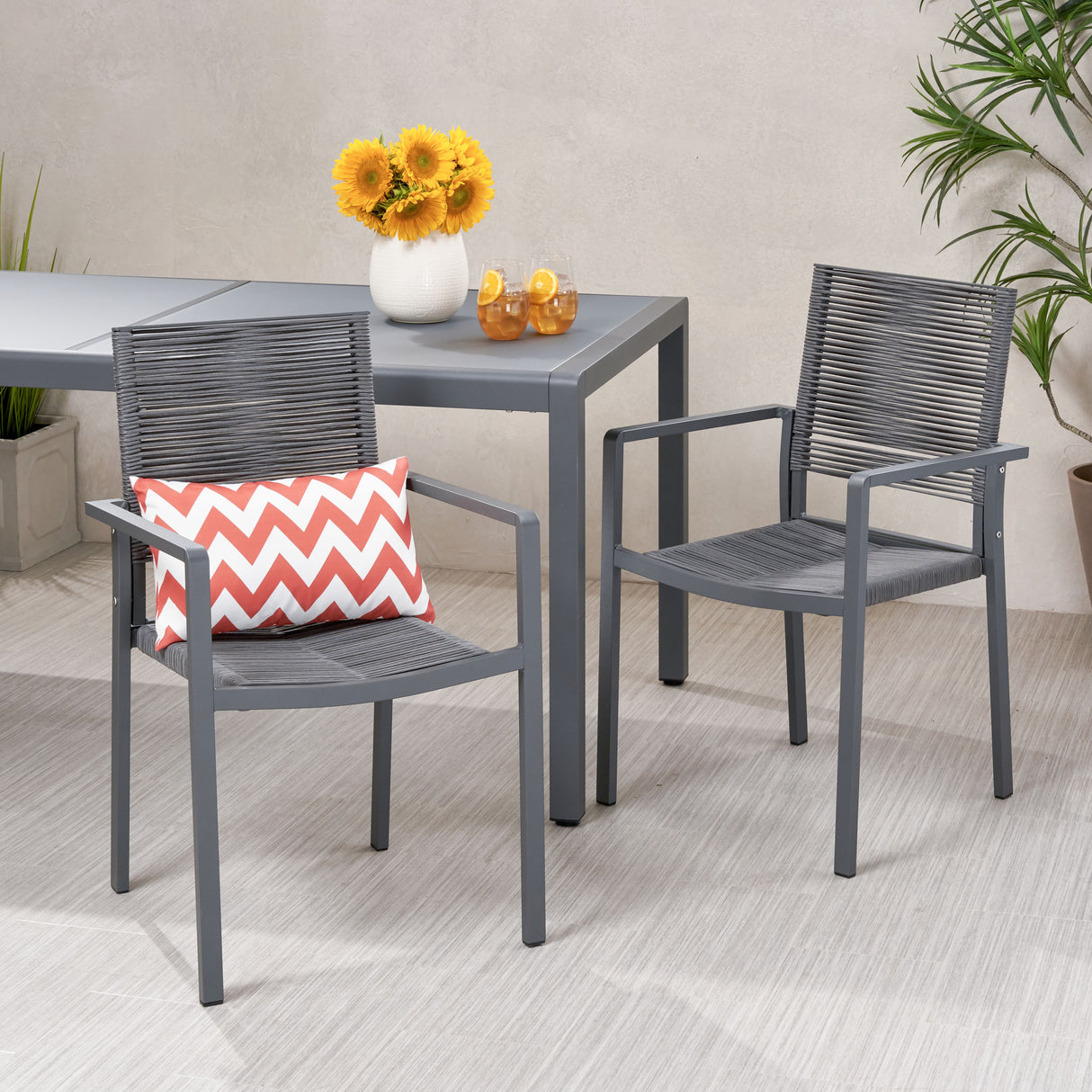 Outdoor modern aluminum dining chair with rope seat (set of 2), gray and dark gray