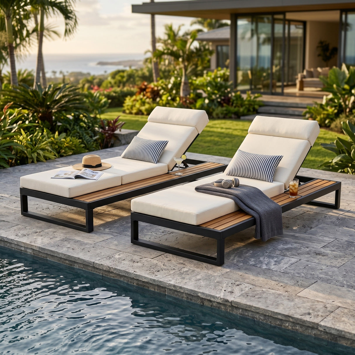 Black Iron & Teak Finish Chaise Lounge Set