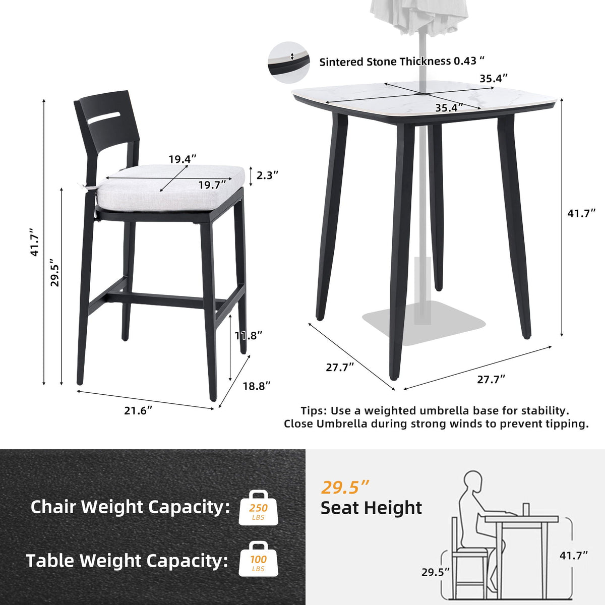 Modern Outdoor Patio Bar Set, Rounded Square Table & Bar Chairs, Non Rust Frame, Tapered Legs, Sunbrella Cushion