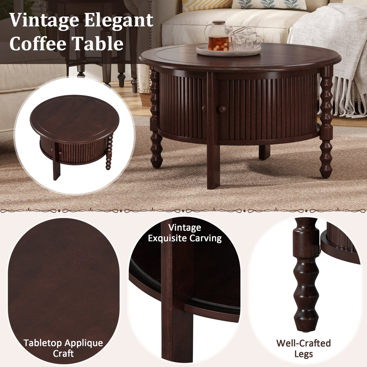 Vintage Round Coffee Table with Storage in Walnut