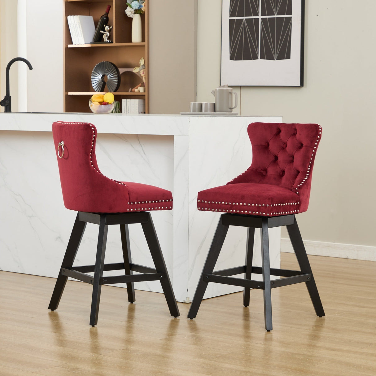 Swivel Velvet Barstools with Button Tufted Decoration - Set of 2 (Wine Red)
