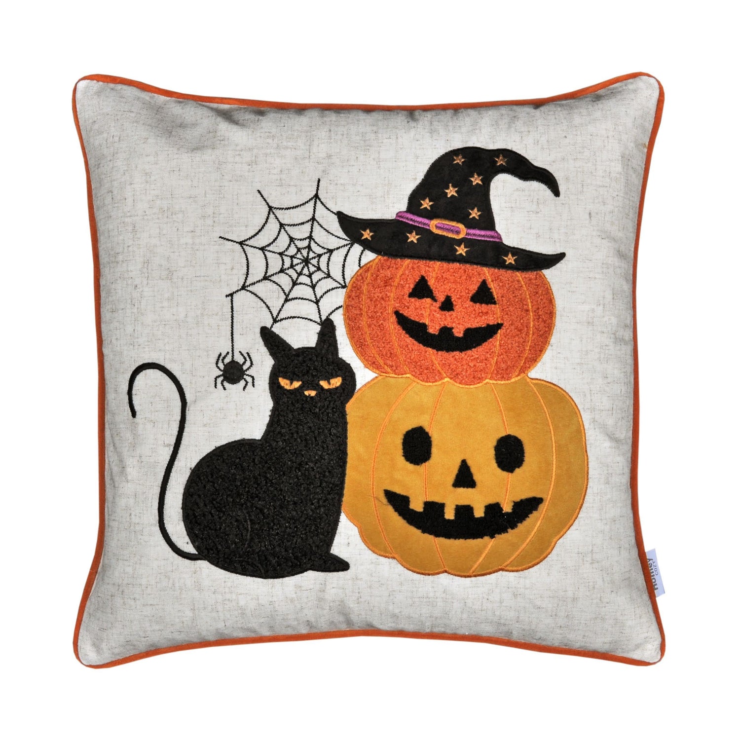 Embroidered Halloween Cat & Pumpkin Throw Pillow