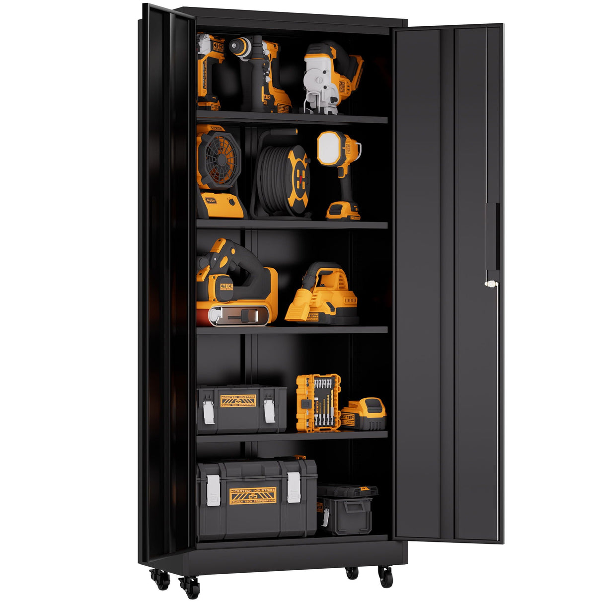 Storage Cabinet With Wheels And Lock, 4 Adjustable Shelves, 3 Point Locking Security, For Tool Organization In Garage - Black