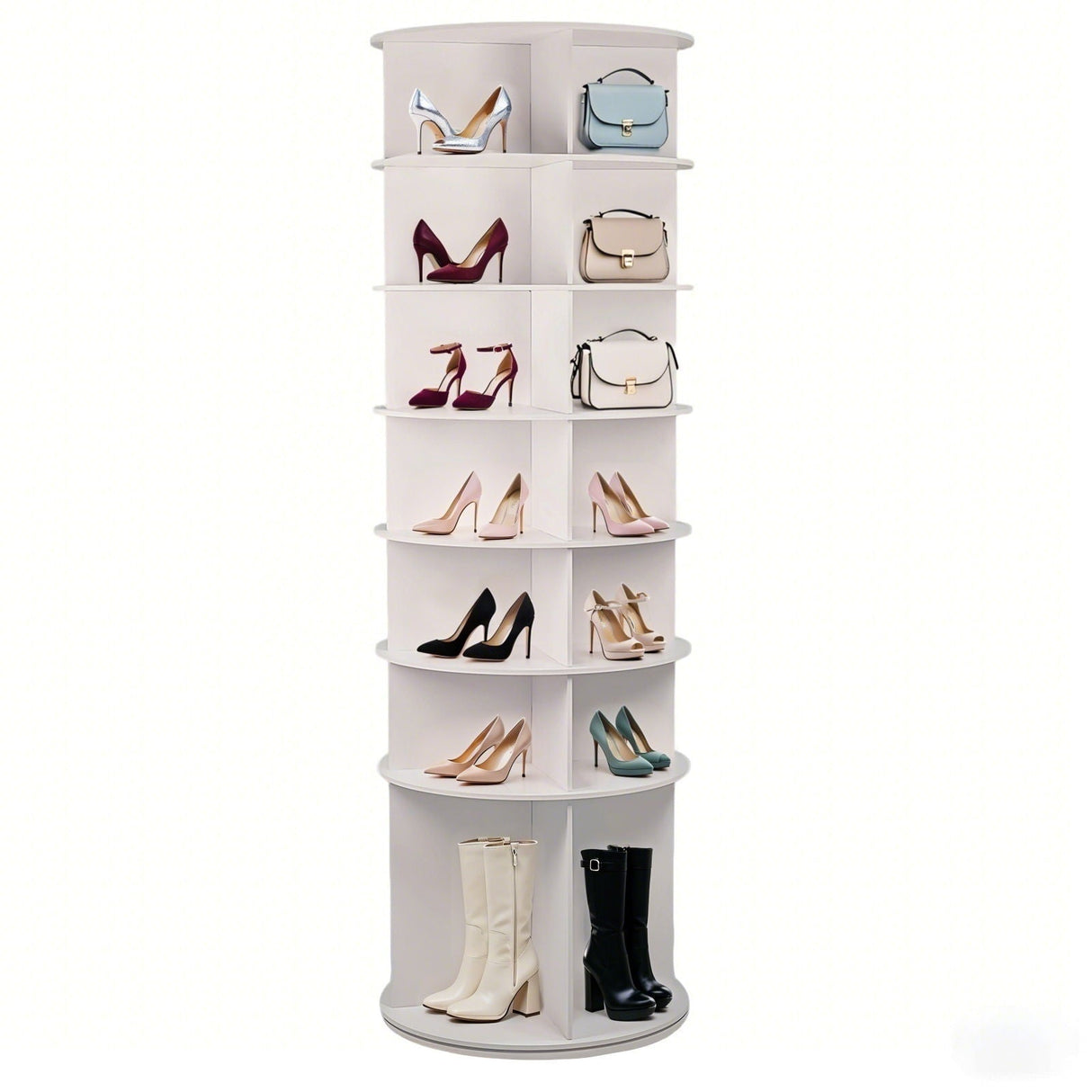 7-Tier-Rotating-Shoe-Rack-With-High-Base-Design,-Freestanding-360°-Organizer-For-28-Pairs-White-Shoe-Racks