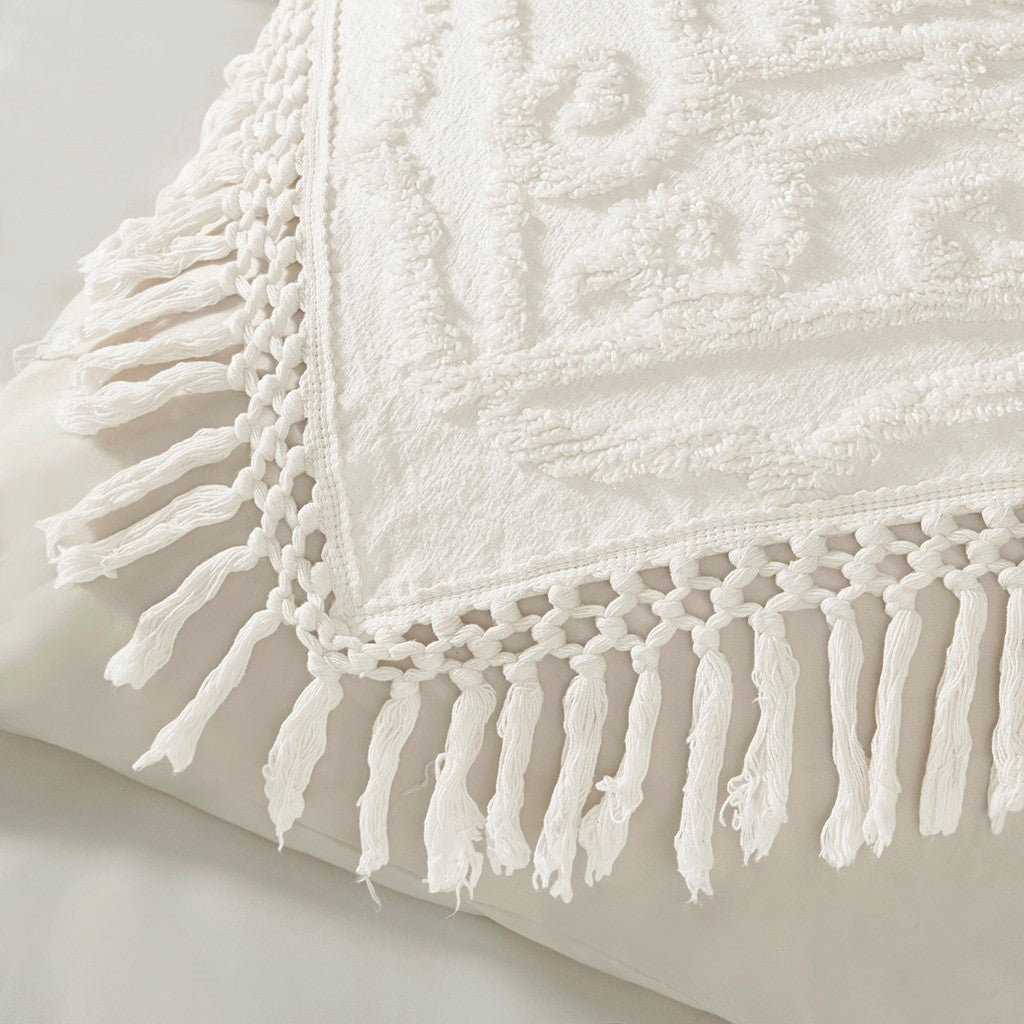 Tufted Cotton Chenille Medallion Fringe Coverlet Mini Set Off-White Twin/Twin XL