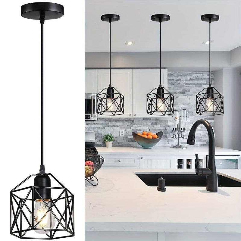 Industrial Farmhouse Pendant Light – Adjustable Metal Cage Fixture for Kitchen
