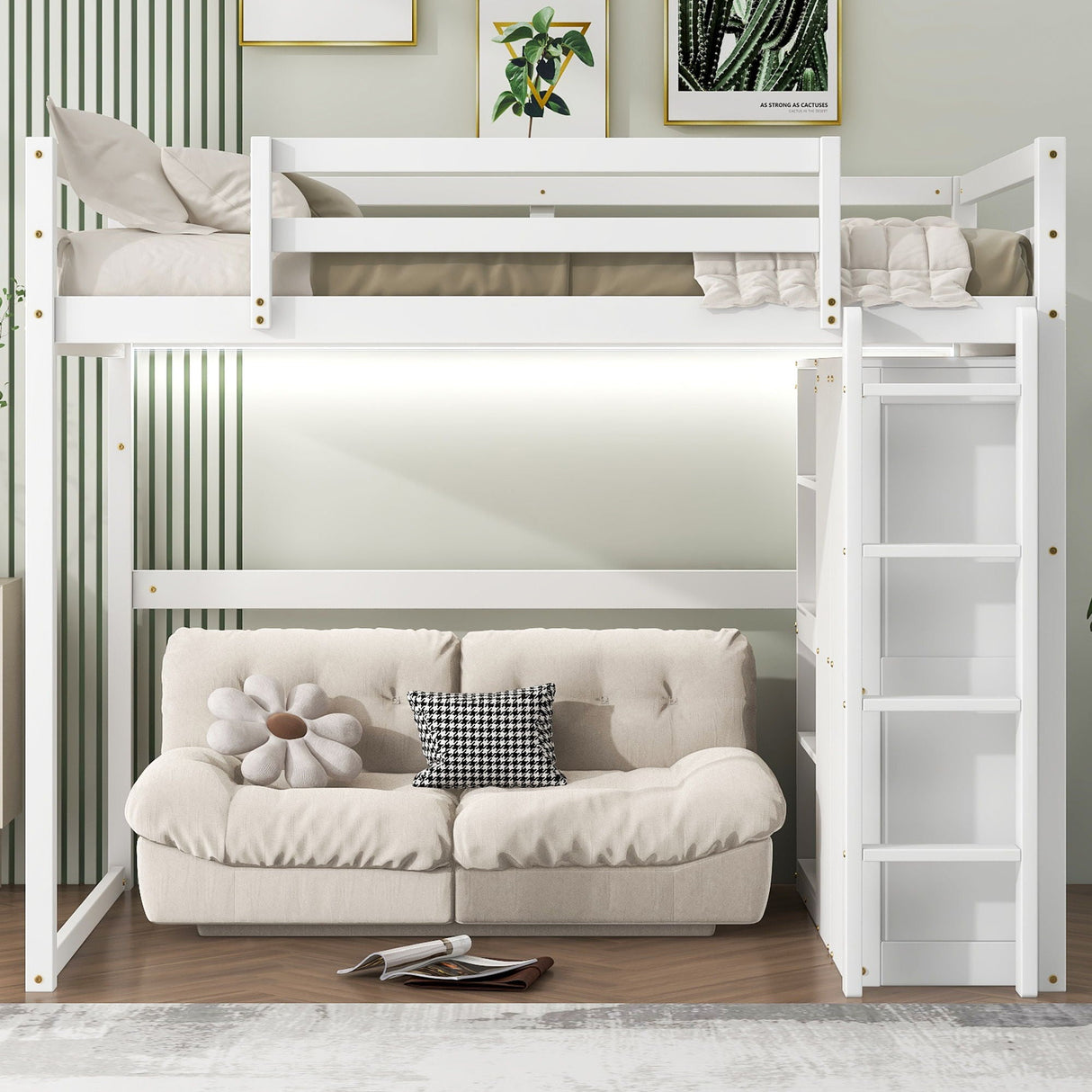 Loft Bed With Built In Wardrobe, Storage Shelves, And LED Light