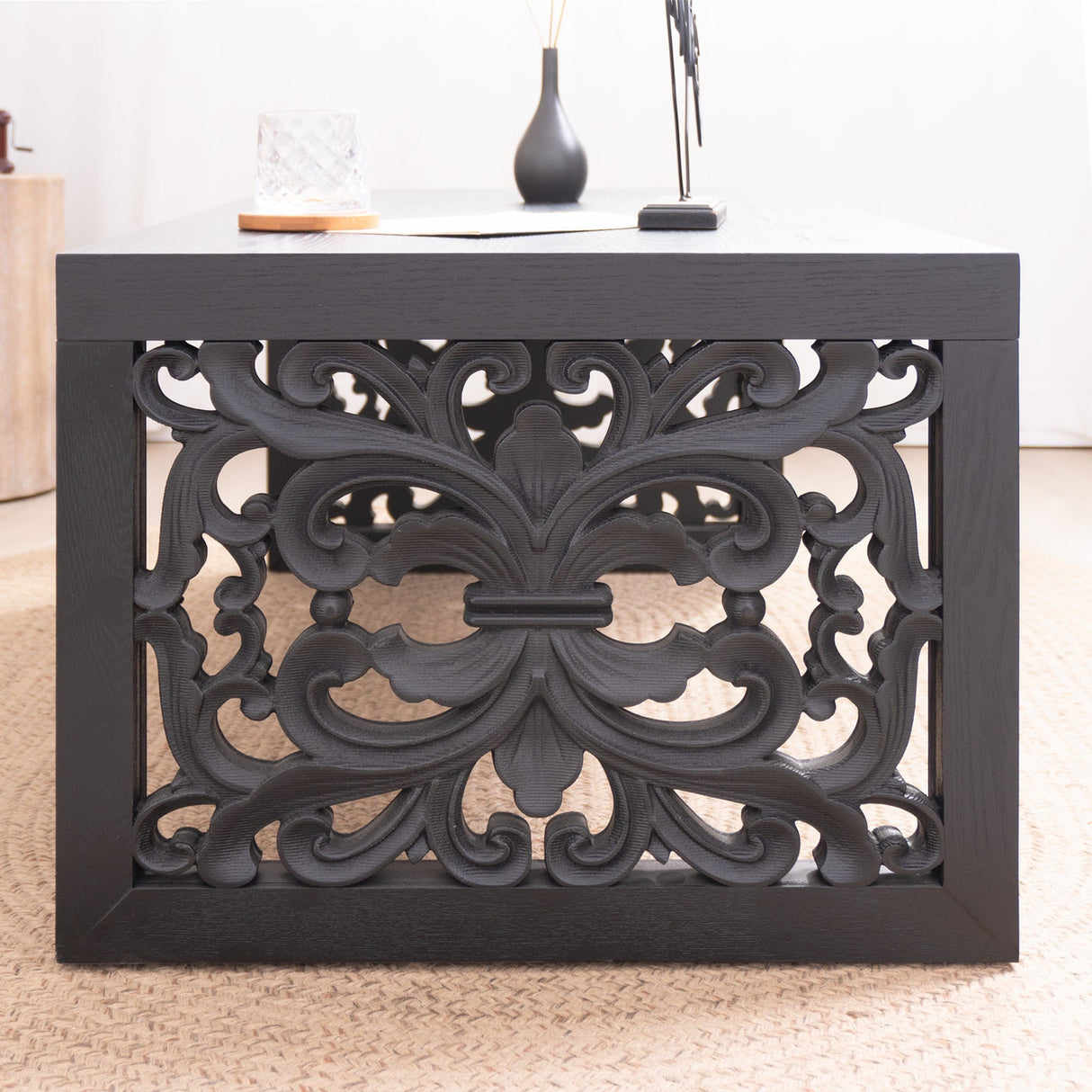 47.2' Solid Black Carved Wood Coffee Table – Handcrafted Look with Ornate Side Panels
