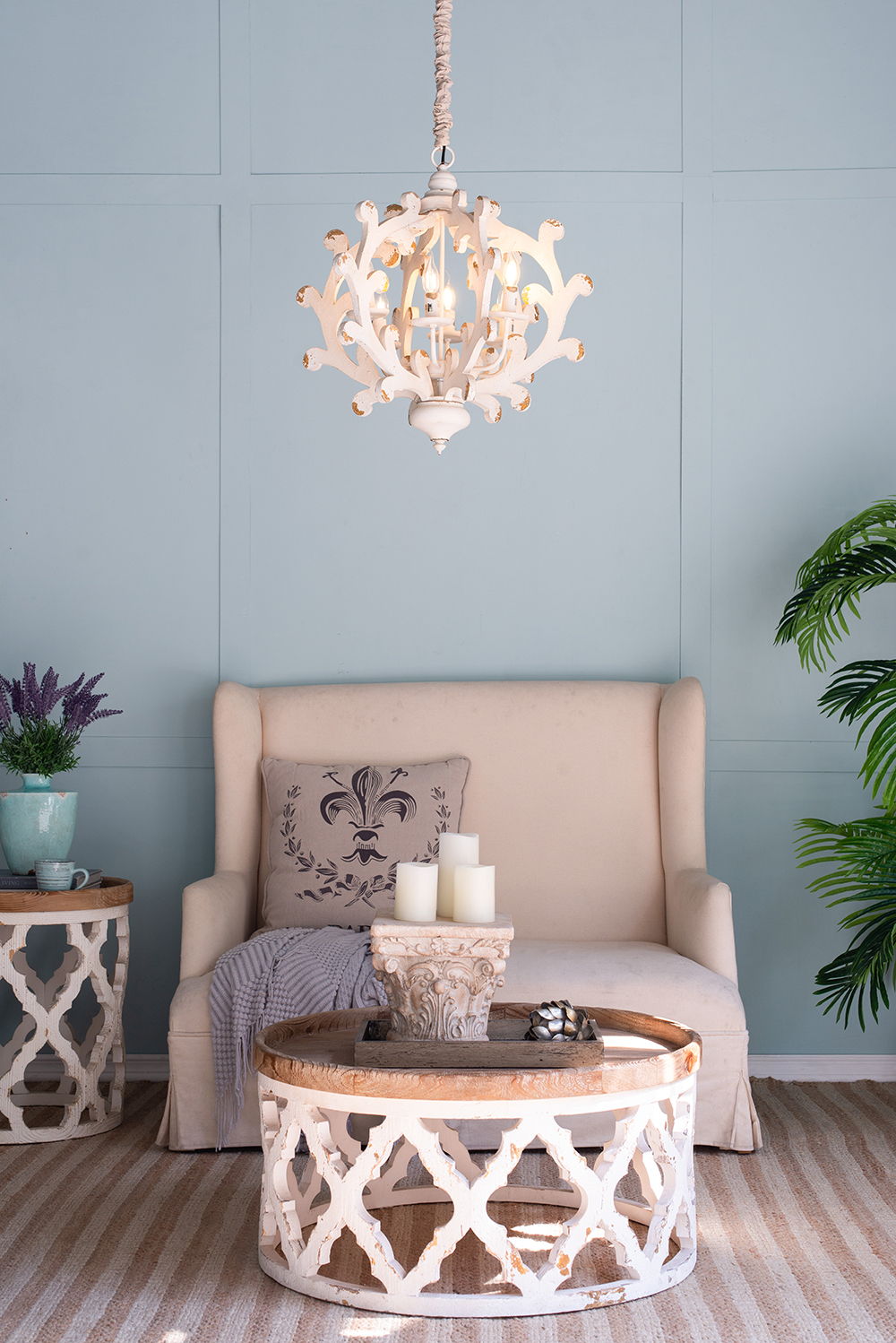 6 Light White Chandelier with Adjustable Chain for Kitchen