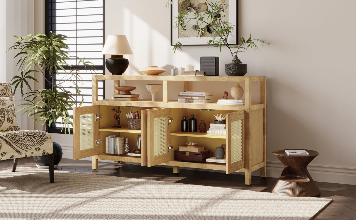 Bohemian Style Rattan Buffet Storage Cabinet with Solid Wood Frame