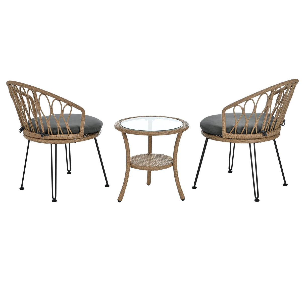 U_STYLE Outdoor Leisure Set with 2 Rattan Chairs & Glass Table