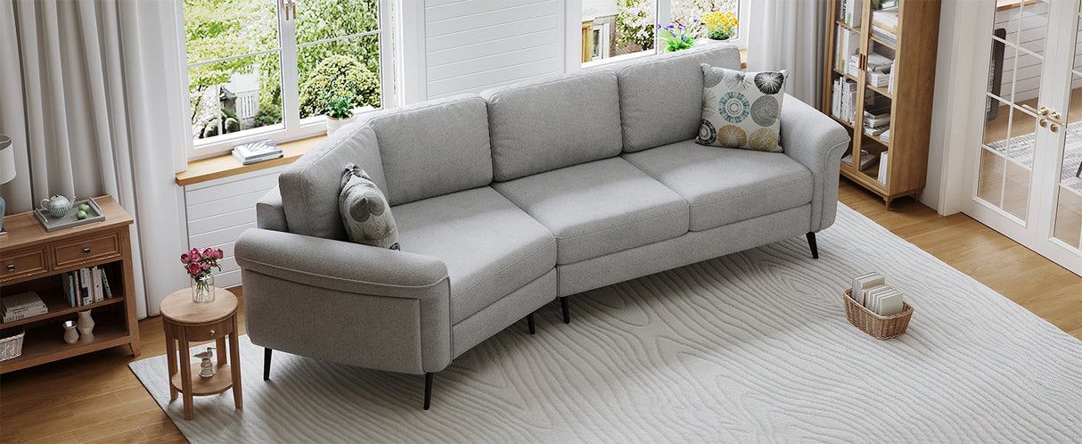 111" Upholstered 3-Seater Sofa with Curved Design and Two Printed Pillows