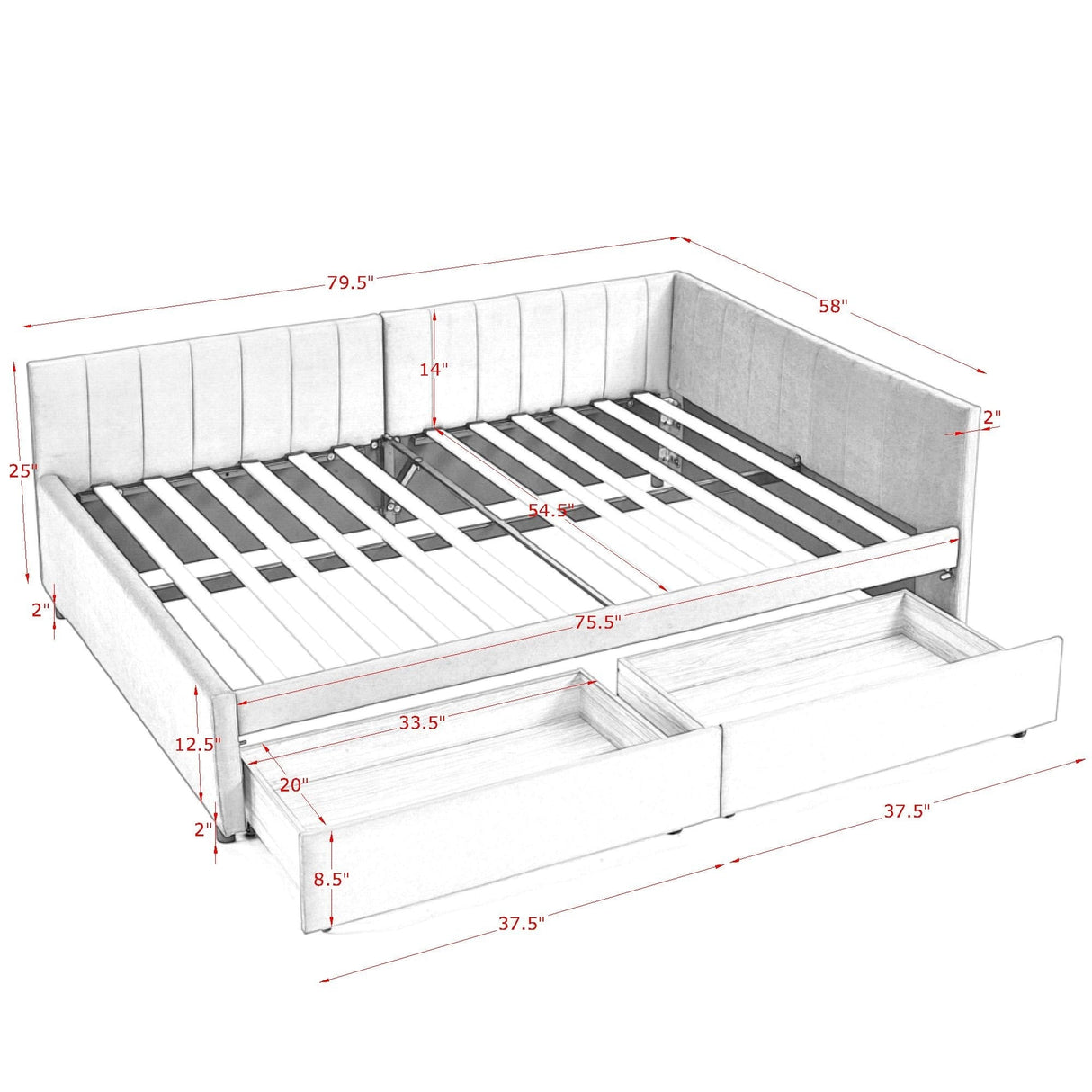 Full Size Upholstered Tufted Bed Frame with Two Drawers