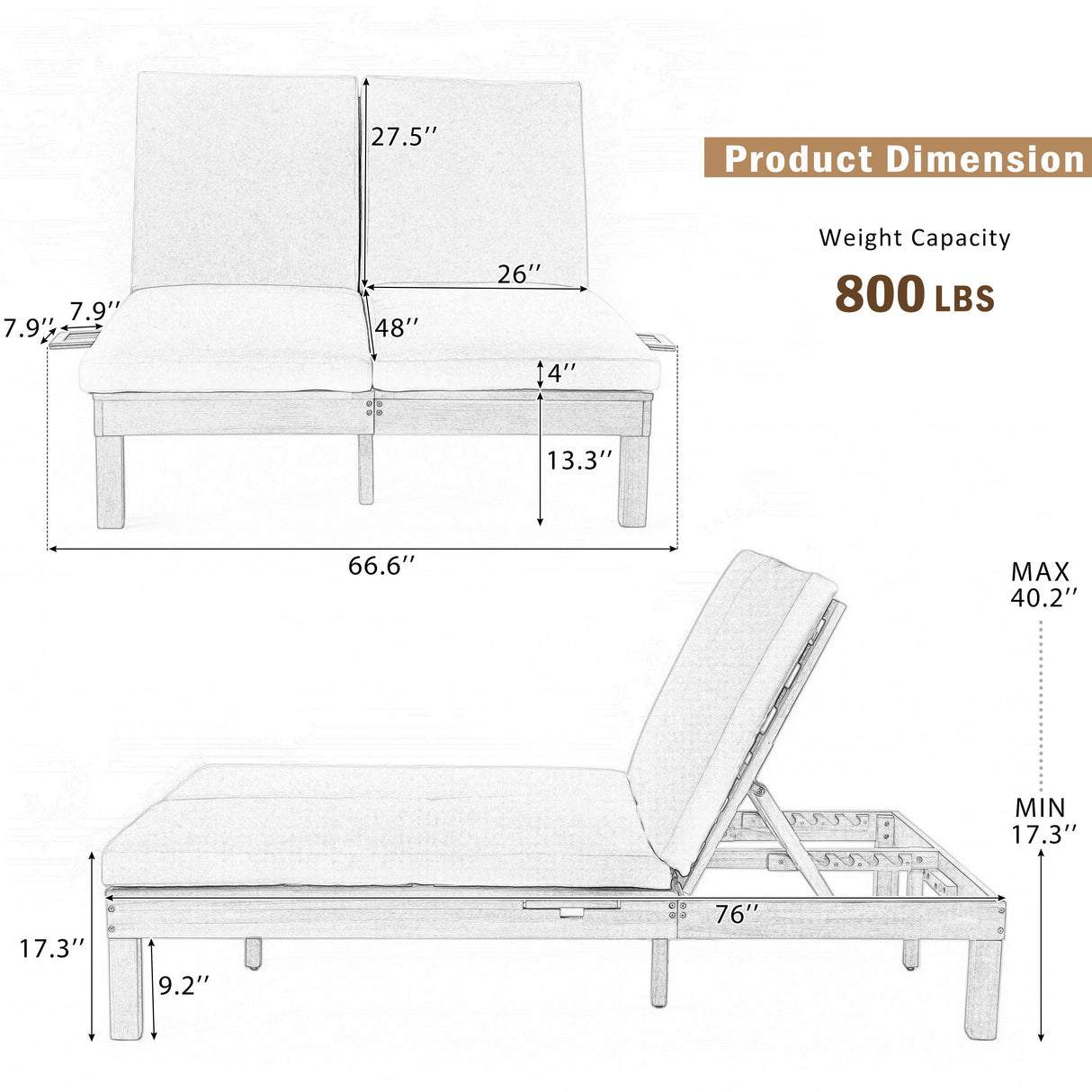 TREXM 5-Position Adjustable Backrest Double Chaise Lounge Outdoor