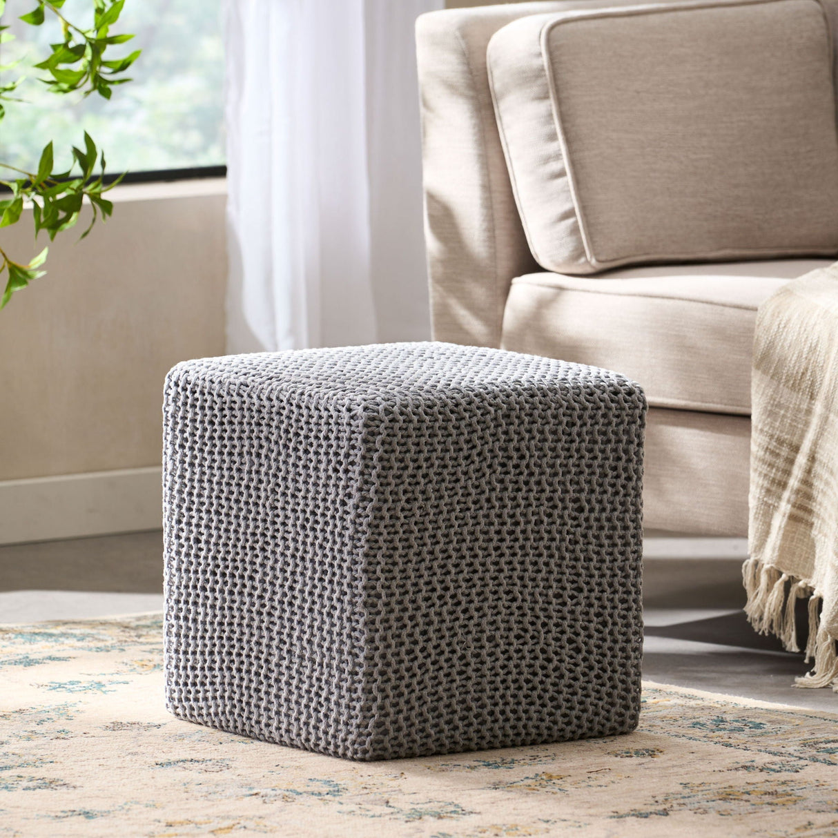 Chabani Indoor Modern Knitted Fabric Cube Pouf Ottoman - Light Gray