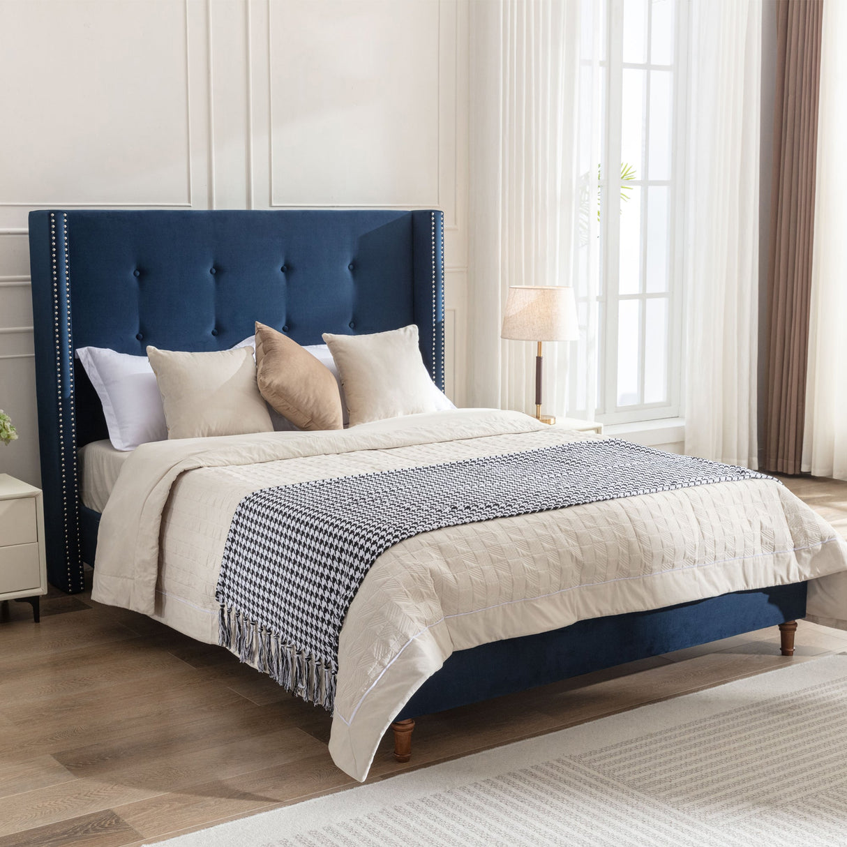 Peyton Upholstered Queen Bed with Blue Velvet