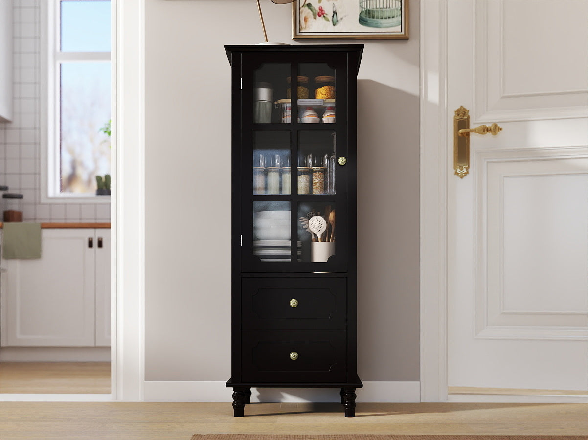 Black Tall Storage Cabinet with Glass Door & 2 Drawers