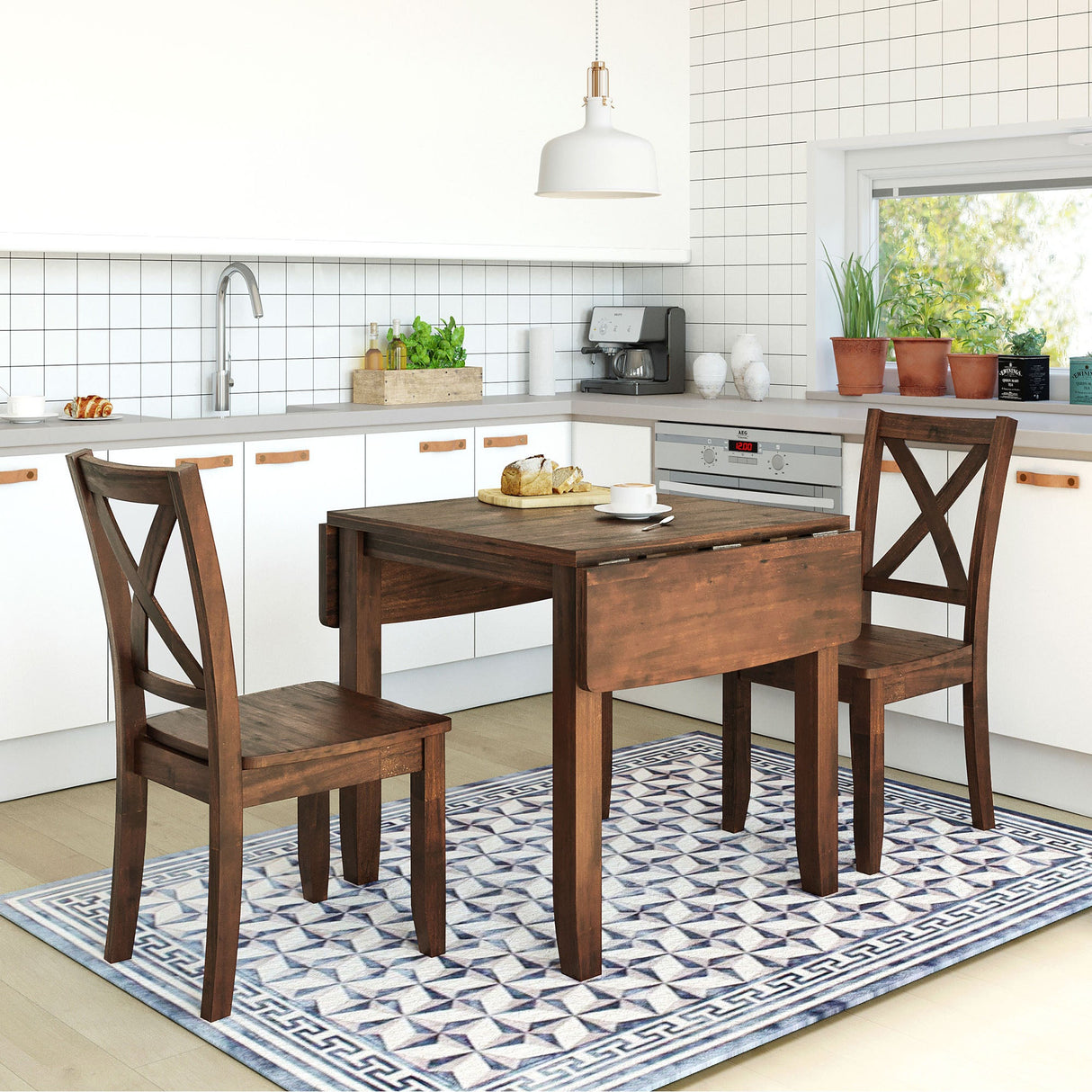 TOPMAX 3-Piece Wood Drop Leaf Breakfast Nook Dining Table Set with 2 X-back Chairs