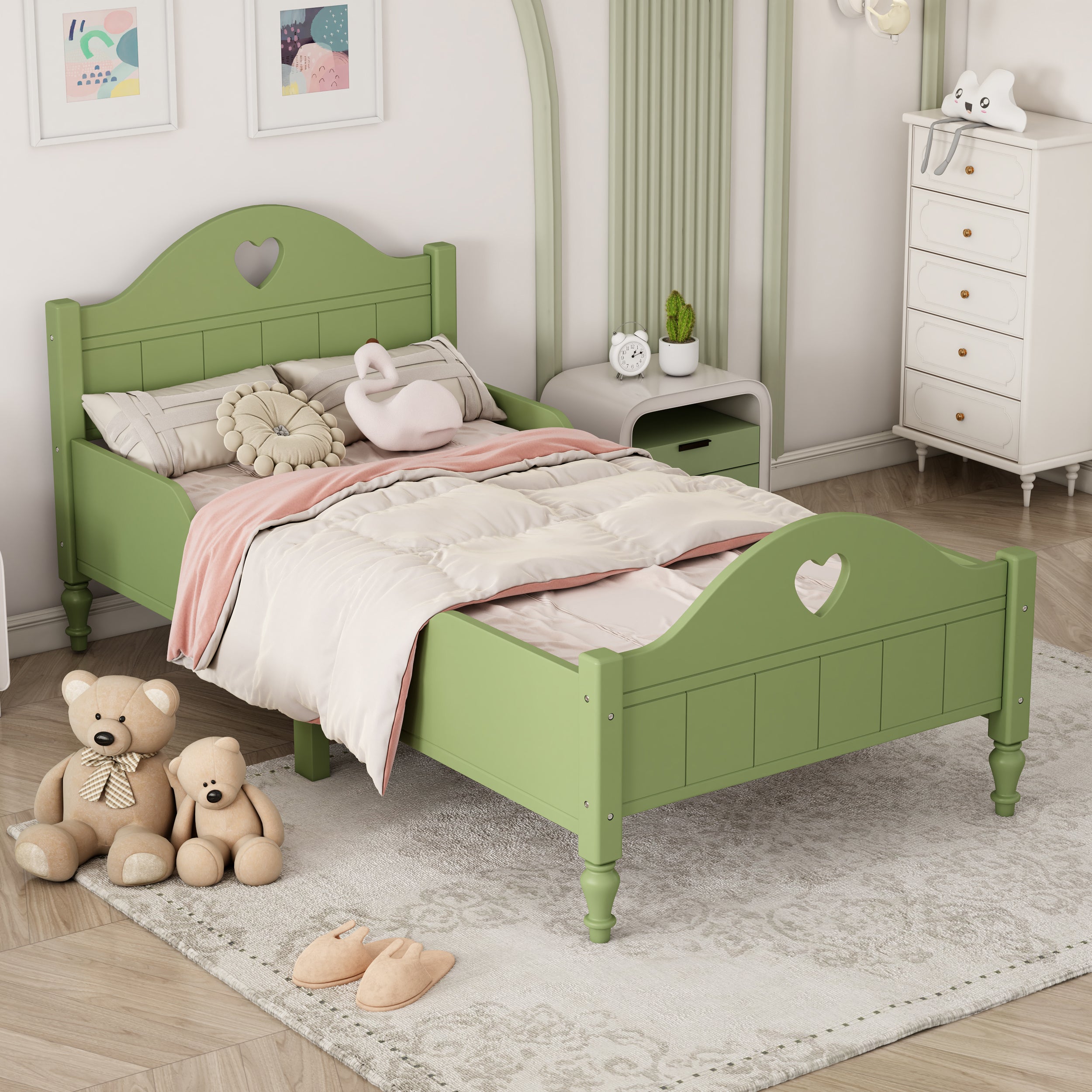 Girl's-Love-Princess-Bed-Macaron-Twin-Size-Toddler-Bed-with-Side-Safety-Rails-,-Olive-Green-Kids-Beds
