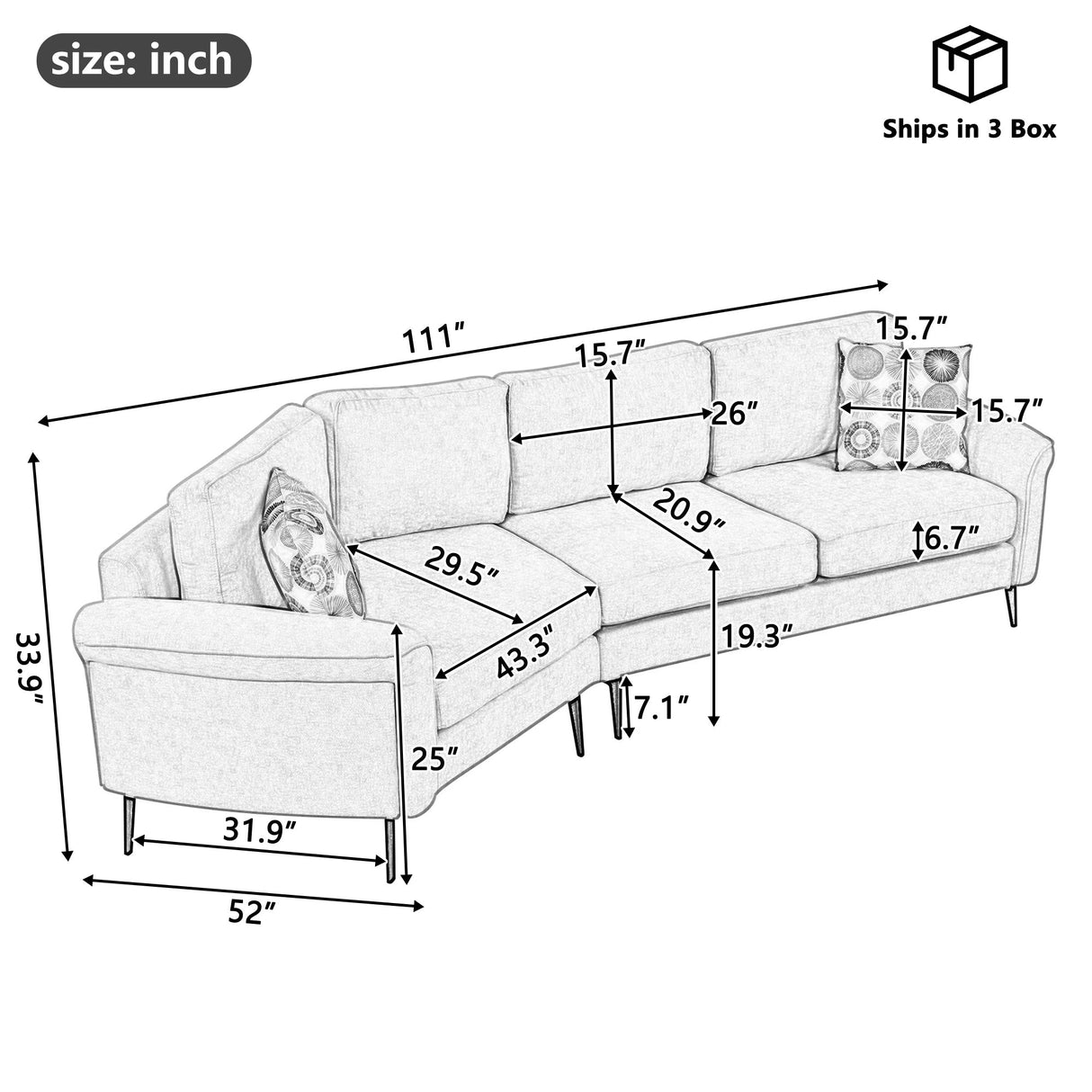 111" Upholstered 3-Seater Sofa with Curved Design and Two Printed Pillows