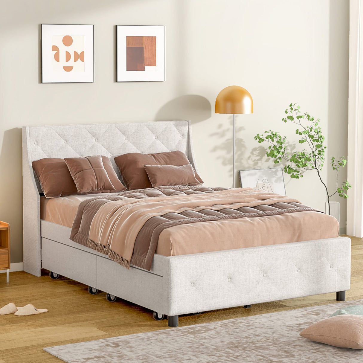 Queen Size Rubber Wood Bed Frame with Storage Headboard & Drawers