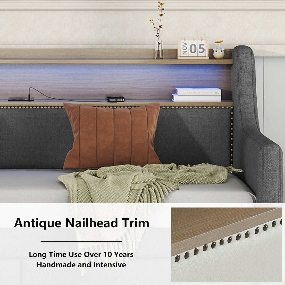 Twin Size Linen Upholstered Daybed with Storage Drawers and LED Lights