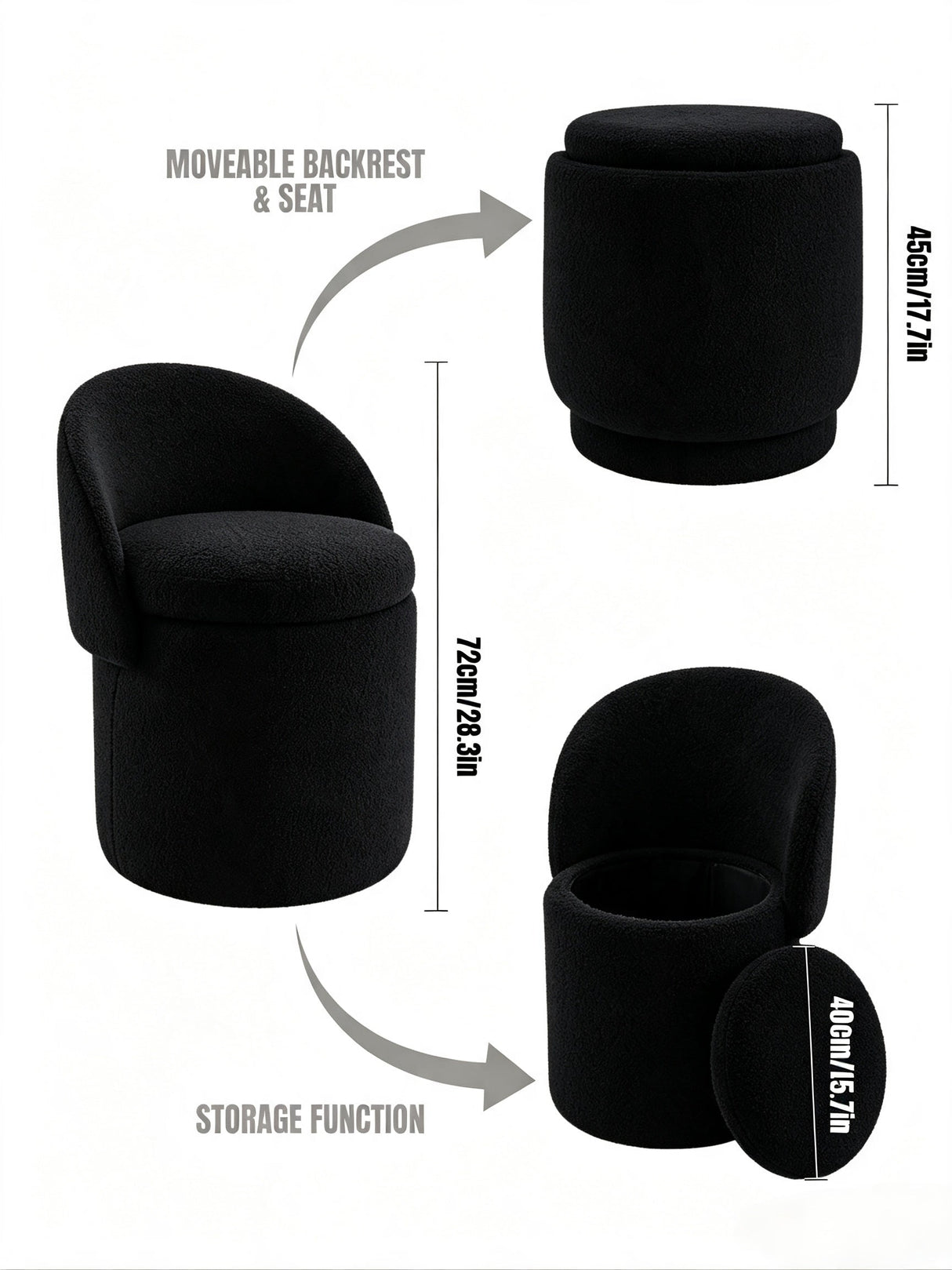Upholstered Makeup Stool with Storage and Foldable Backrest